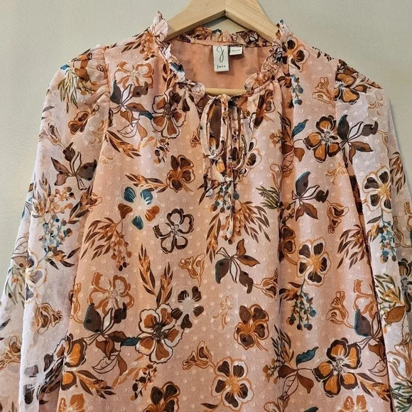 Joie Peach Floral Bohemian Peasant Chiffon Swiss Dot  Ruffle Top Tie Blouse XS. - Picture 6 of 16